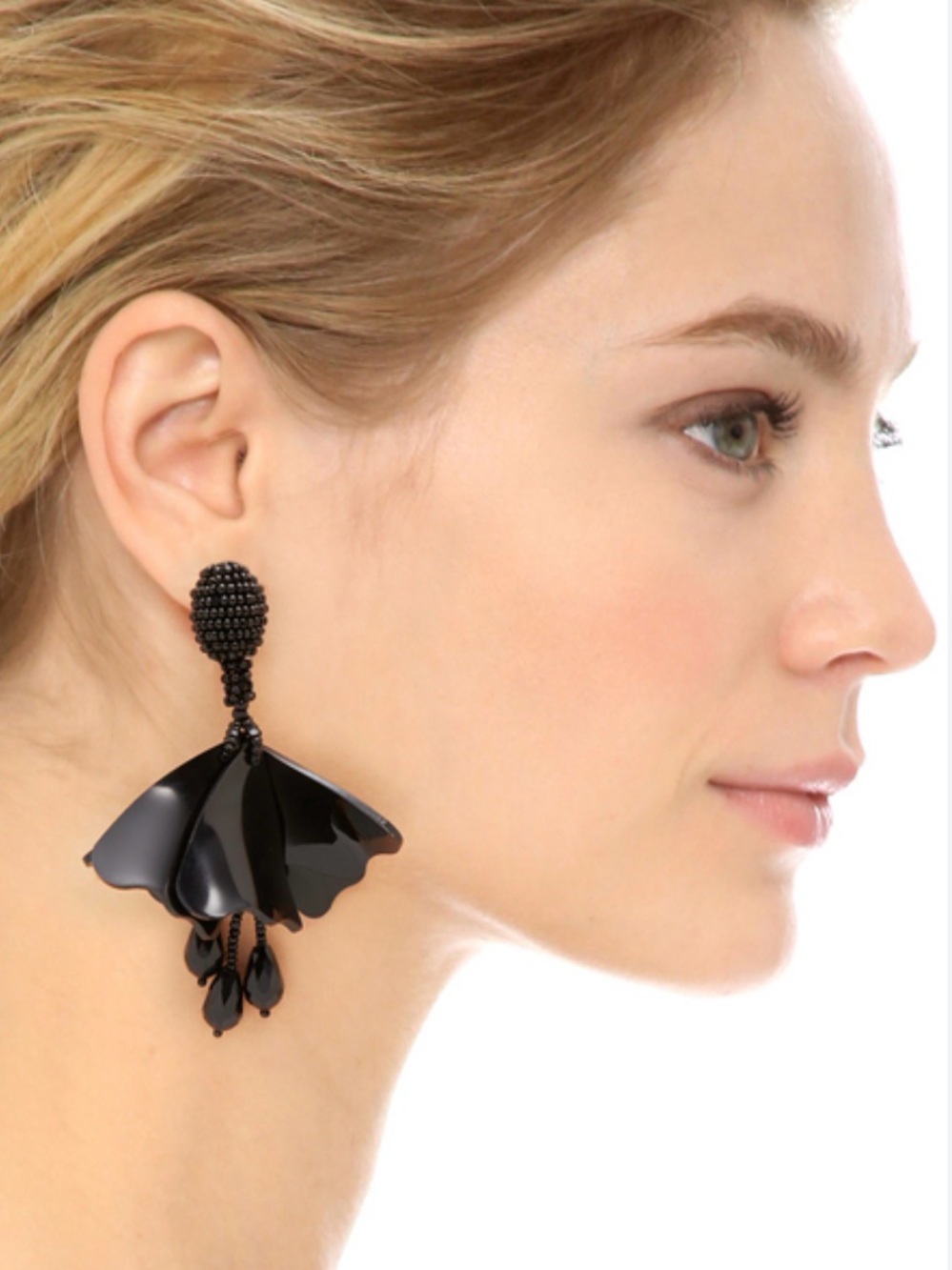 Oscar de la Renta Black Floral Petal Drop Earrings